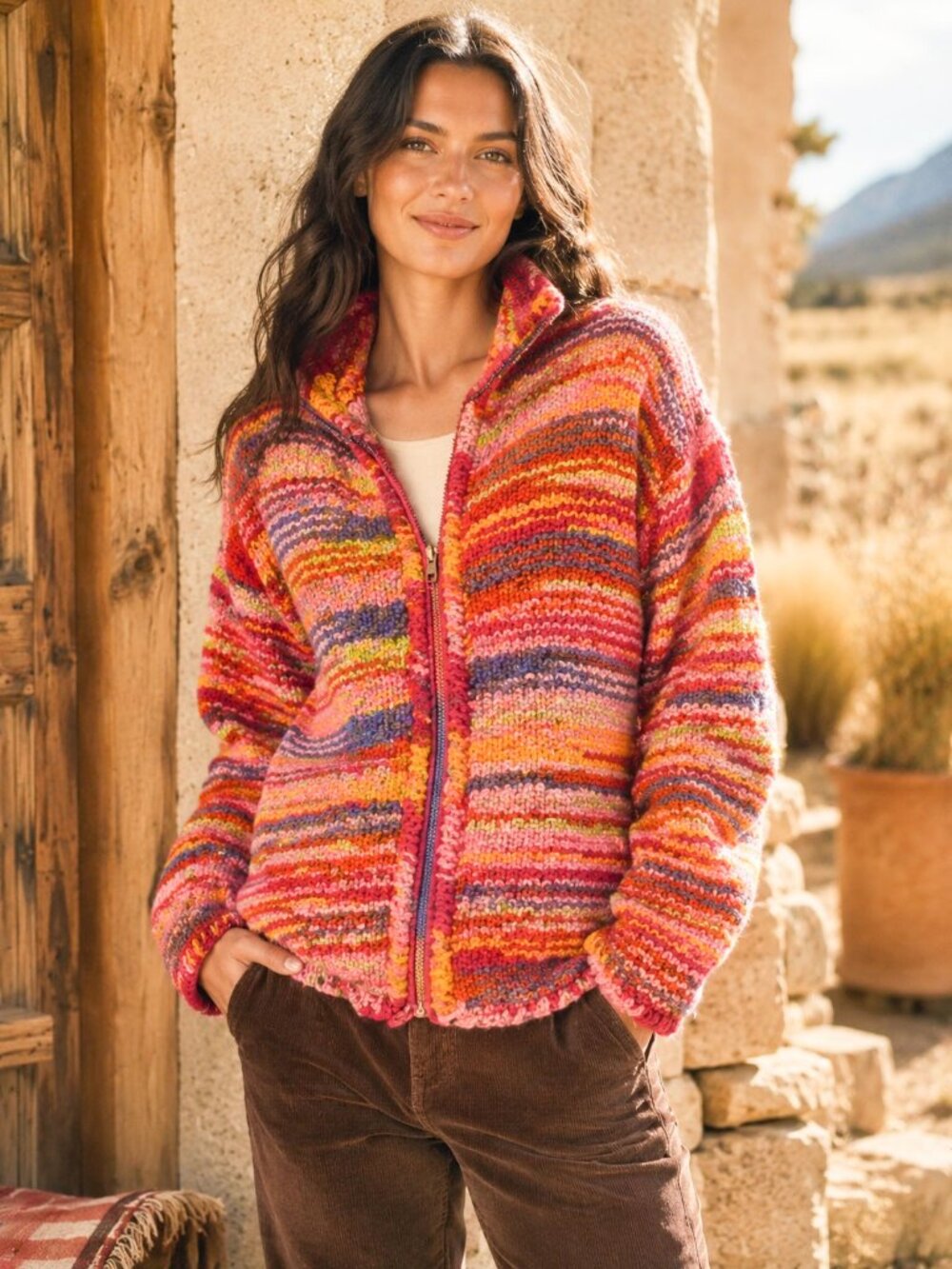 Sweater Venture Rainbow Hand Knit 100% Wool Full Zip Up Gorgeous Sweater Large